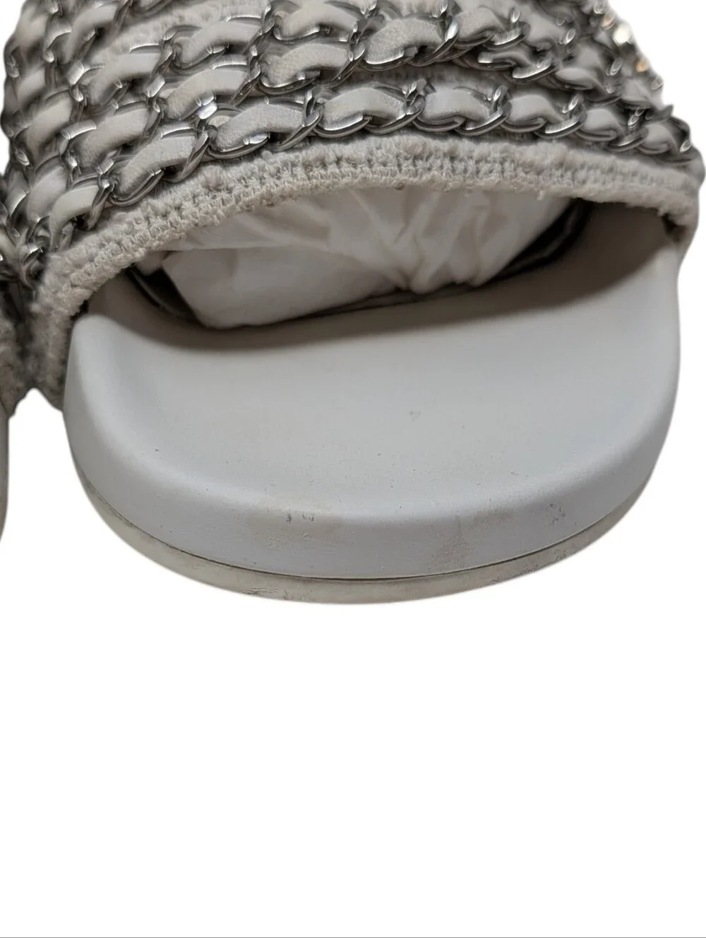 Chanel White Tweed Silver Chain Interlocking CC Charm Slide Sandals Size EU 39